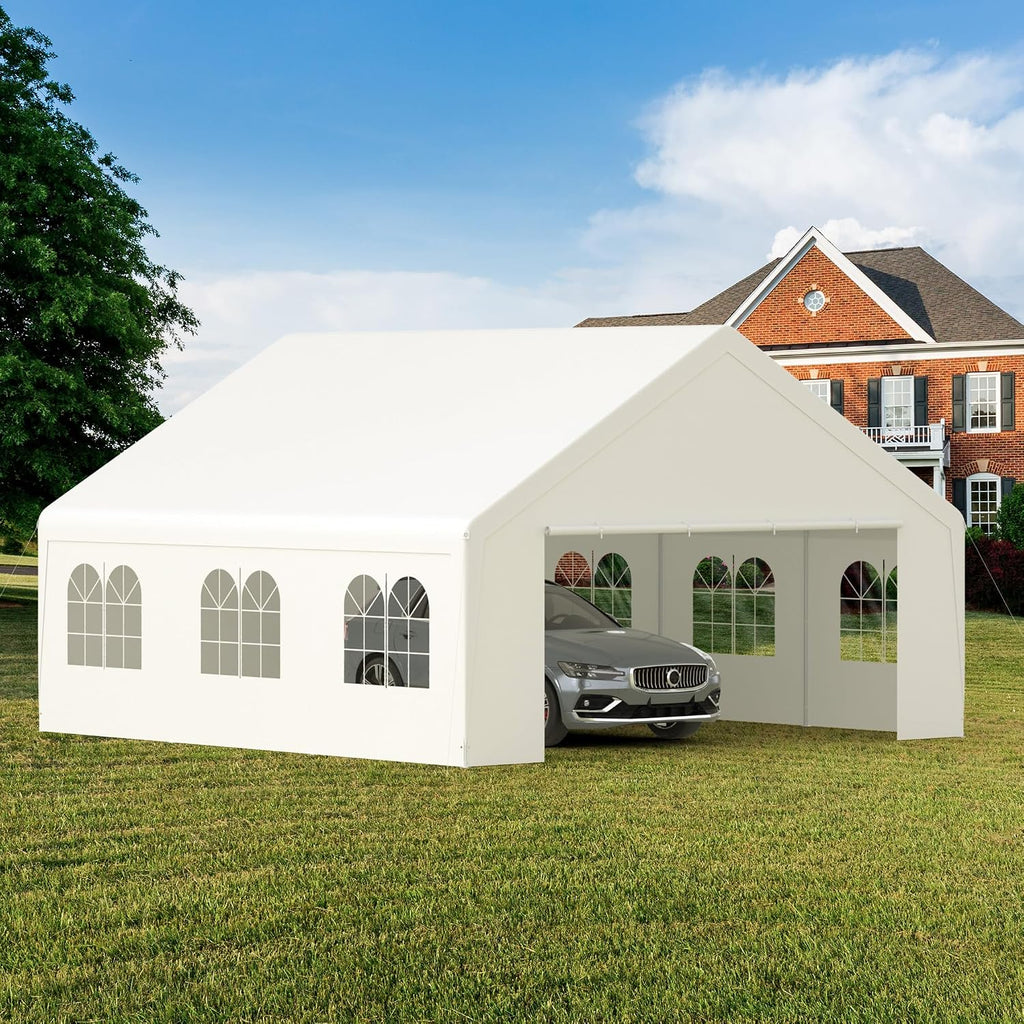 GOJOOASIS 20' x 20' Heavy Duty Carport with Roll-up Visual Windows, Reinforced Party Tent with Removable Sidewalls & Doors for Parties, Wedding, Outdoor Events, Car Canopy with All-Season Tarp, White