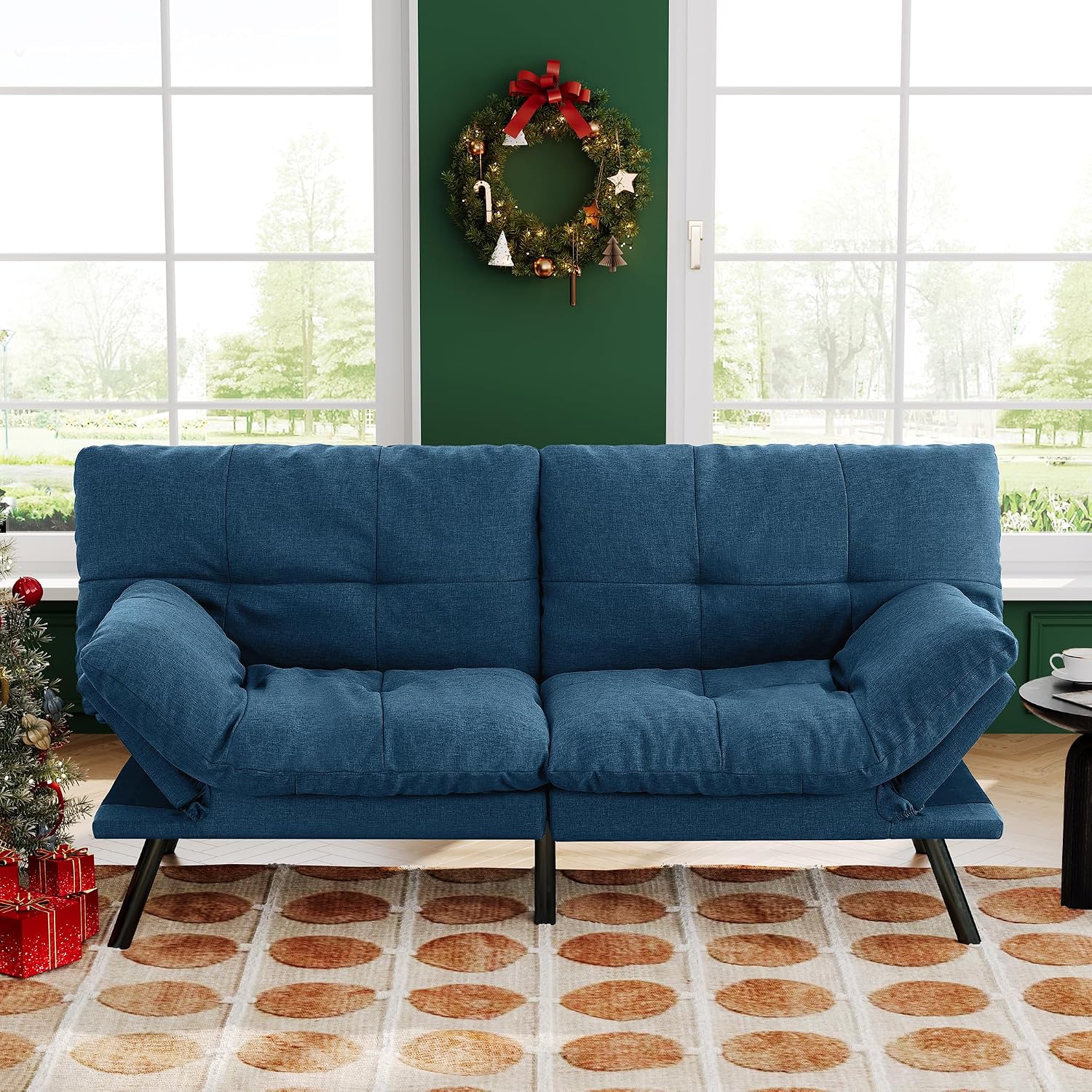 Convertible Futon Sofa Bed,71' Modern Fabric Futon Couch with Adjustable Backrest&Armrest,Small Loveseat Sleeper Sofa,Dorm Futonsofa for Apartment,Living Room,Detachable Cushions,Navy Blue