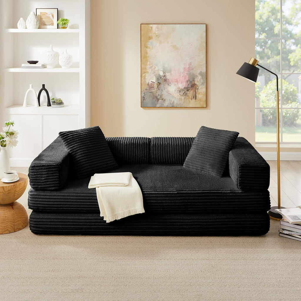 81'' Futon Sofa Bed, Folding Floor Couch Bed, Corduroy Fabric Boneless Couch, Compressed Boneless Sofa in a Box, Comfy Sleeper for Living Room-Black