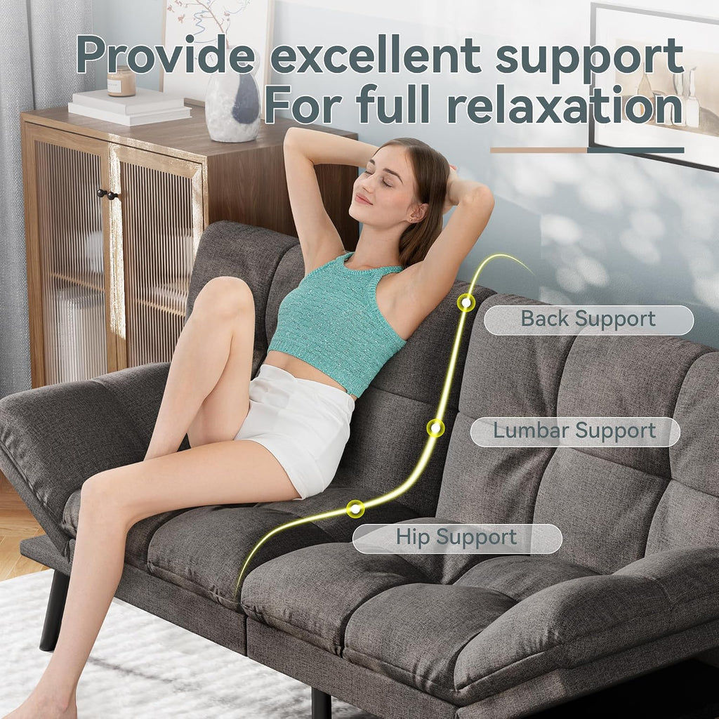 Vyfipt Convertible Futon Sofa Bed, Grey Linen Futon Couch with Adjustable Backrest & Armrests, Folding Small Recliner Sleeper Sofa Bed for Living Room, Apartment, Office