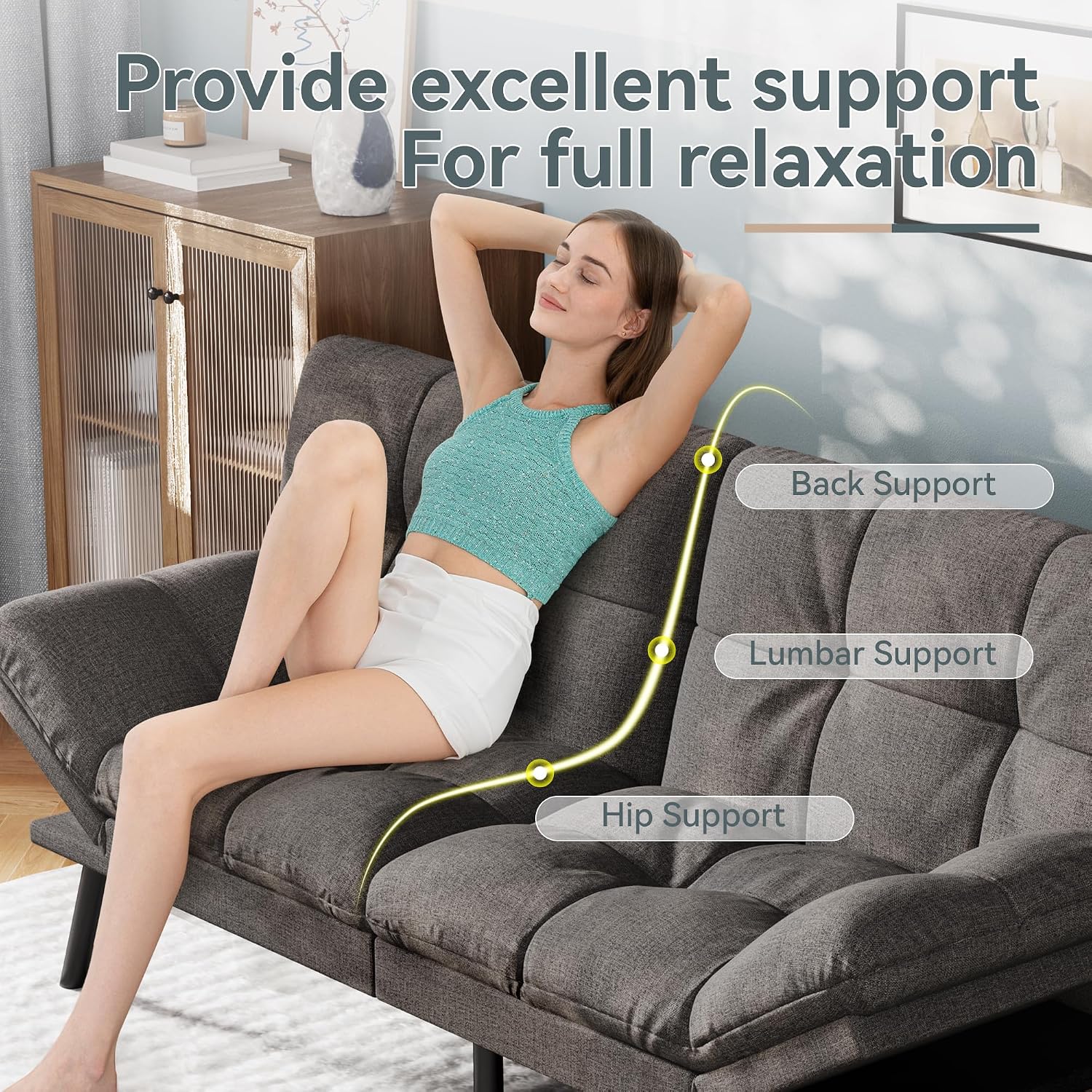 Vyfipt Convertible Futon Sofa Bed, Grey Linen Futon Couch with Adjustable Backrest & Armrests, Folding Small Recliner Sleeper Sofa Bed for Living Room, Apartment, Office