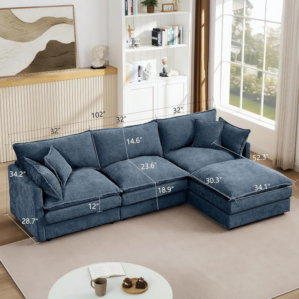 Eafurn Oversized Reversible Modular Sectional Sofa with Movable Ottoman, 4 Seater Convertible L Shaped Corner Couch Modern Chenille Sofa Set w/Double Layers Seat Cushions for Living Room Apartment