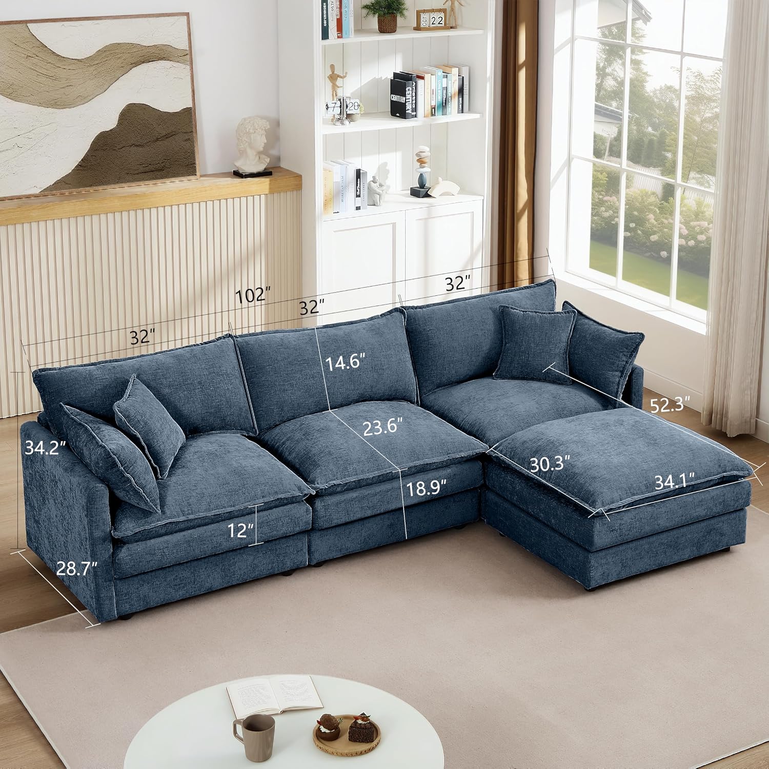Eafurn Oversized Reversible Modular Sectional Sofa with Movable Ottoman, 4 Seater Convertible L Shaped Corner Couch Modern Chenille Sofa Set w/Double Layers Seat Cushions for Living Room Apartment