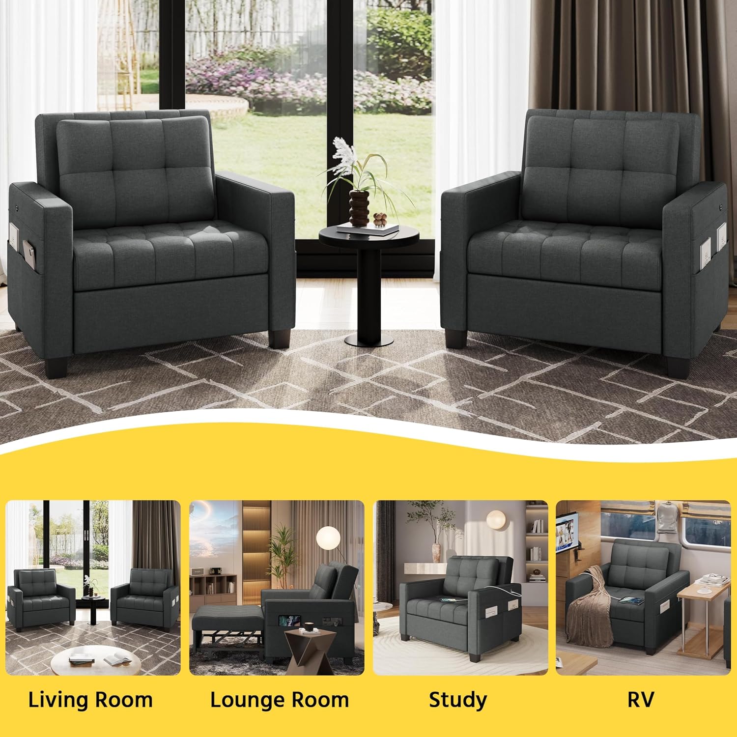 Yaheetech Sleeper Chair Convertible Chair Bed Fabric Futon Sofa Bed 3-in-1 Adjustable Sleeper Couch with 2 USB Ports for Living Room Limited Space Office Apartment, Dark Gray