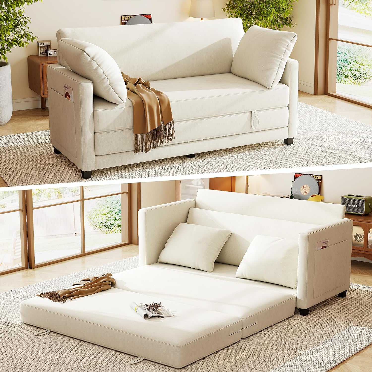 65' Loveseat Sleeper Sofa Bed, Chenille Convertible Sofa Bed for Small Spaces, Folding Couch Bed with Deep Seat, Solid Frame, Pull Out Floor Couches for Living Room, Beige