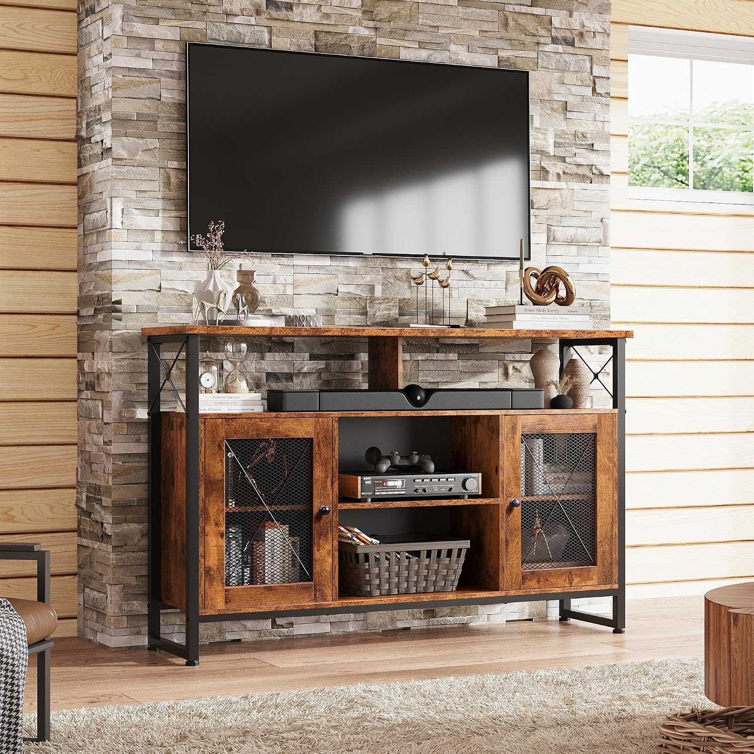 WLIVE TV Stand 55 inch TV, Tall Entertainment Center with Storage, Farmhouse Industrial TV Console for Bedroom Living Room, Rustic Brown