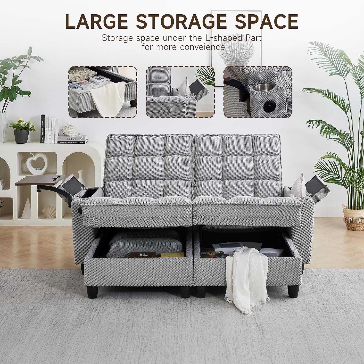 70.9' Chaise Lounge Chair Indoor, Oversized Boucle Upholstered Sofa Bed, Adjustable Backrest Deep Seat Reading Chair, Sofas Couches for Living Room with Storage, Cup Holders and 360° Swivel Side Table