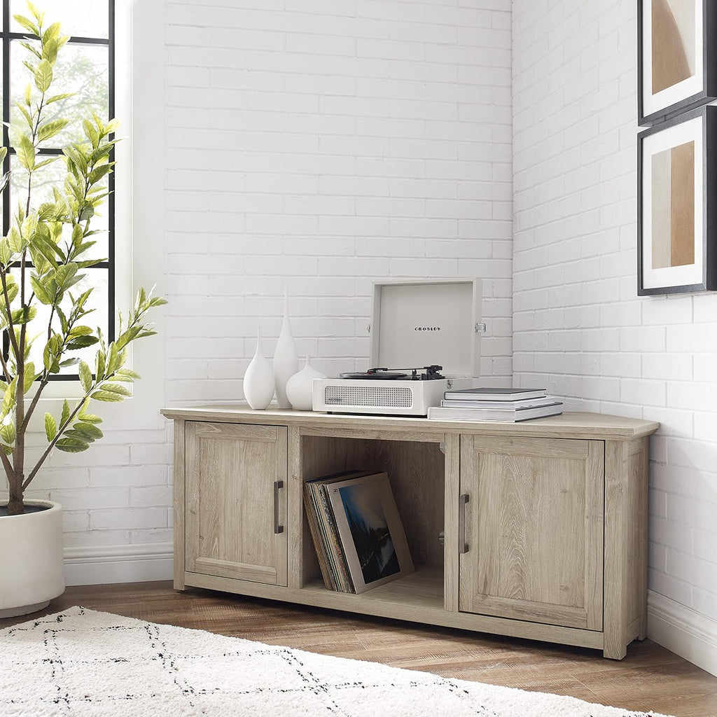 Crosley Furniture Camden Corner TV Stand for 65+ inch TVs, Entertainment Center with Storage Shelves, Frosted Oak