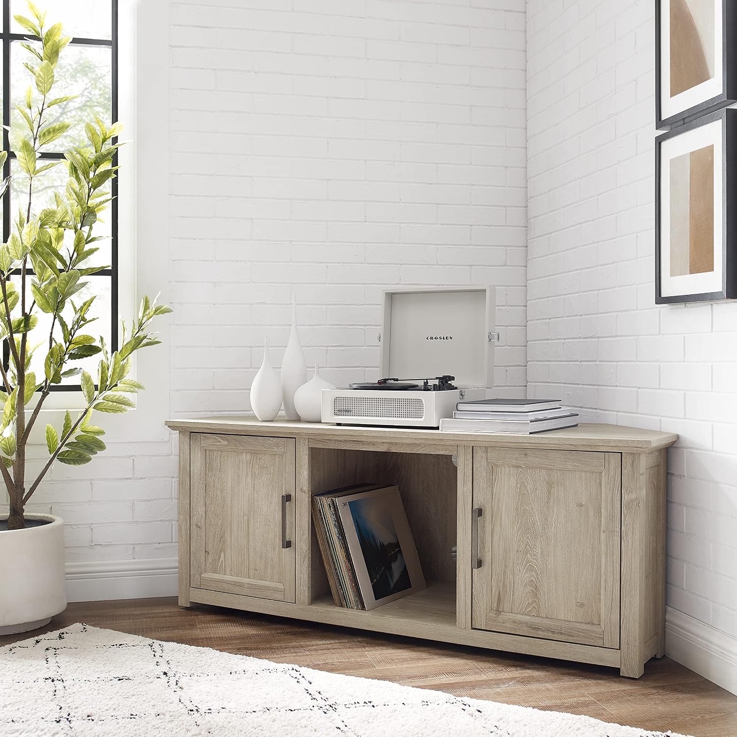 Crosley Furniture Camden Corner TV Stand for 65+ inch TVs, Entertainment Center with Storage Shelves, Frosted Oak