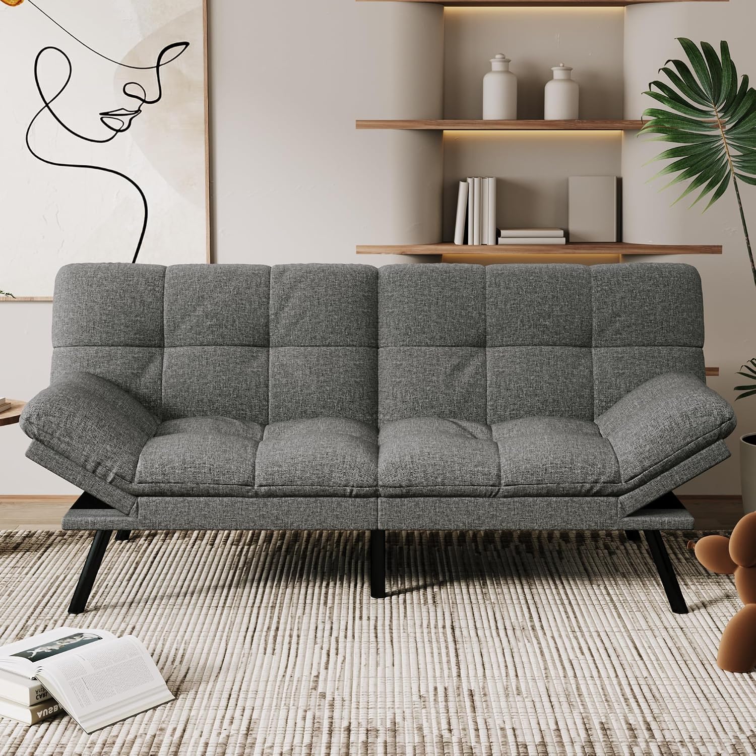 Vipbear 71' Convertible Futon Sofa Bed,Linen Fabric Futon Couch with Detachable Cushion,Adjustable Backrest & Armrest,Modern Loveseat Sleeper Recliner for Living Room,Office,Apartment,Grey