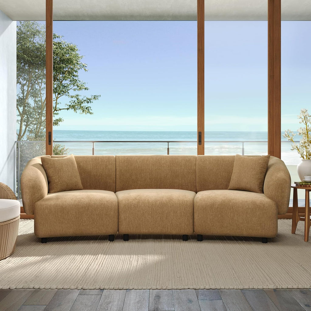 Christopher Knight Home Obito Boucle Upholstered 3-Seater Sofa, Modern Home Sofa Living Room, Wooden Large Upholstered Sofa Couch for Apartment/Home Office, Light Brown/Mocha