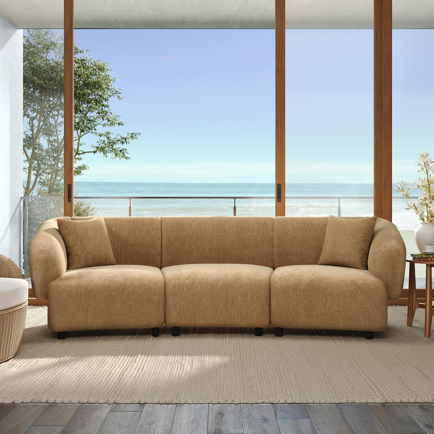 Christopher Knight Home Obito Boucle Upholstered 3-Seater Sofa, Modern Home Sofa Living Room, Wooden Large Upholstered Sofa Couch for Apartment/Home Office, Light Brown/Mocha