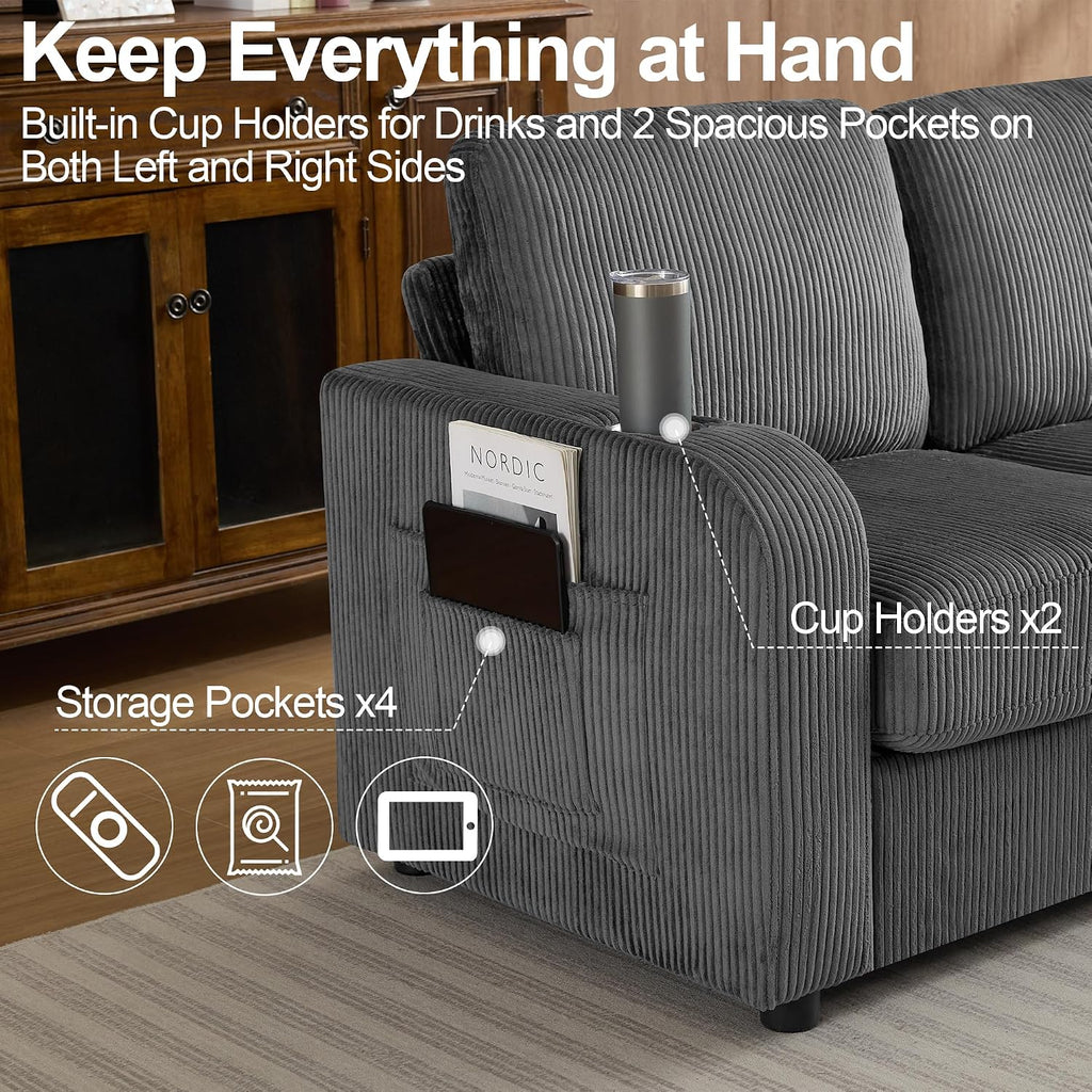87.4' Oversized 3 Seater Couch, Upholstered Sofa for Living Room,Modern Deep Seat Comfy Love Seat Couch with Cup Holders,Corduroy Loveseat Sofa (Grey)