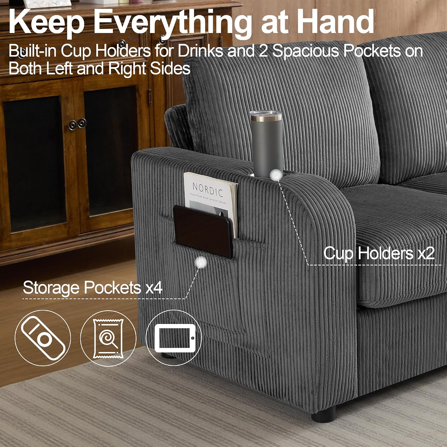 87.4' Oversized 3 Seater Couch, Upholstered Sofa for Living Room,Modern Deep Seat Comfy Love Seat Couch with Cup Holders,Corduroy Loveseat Sofa (Grey)