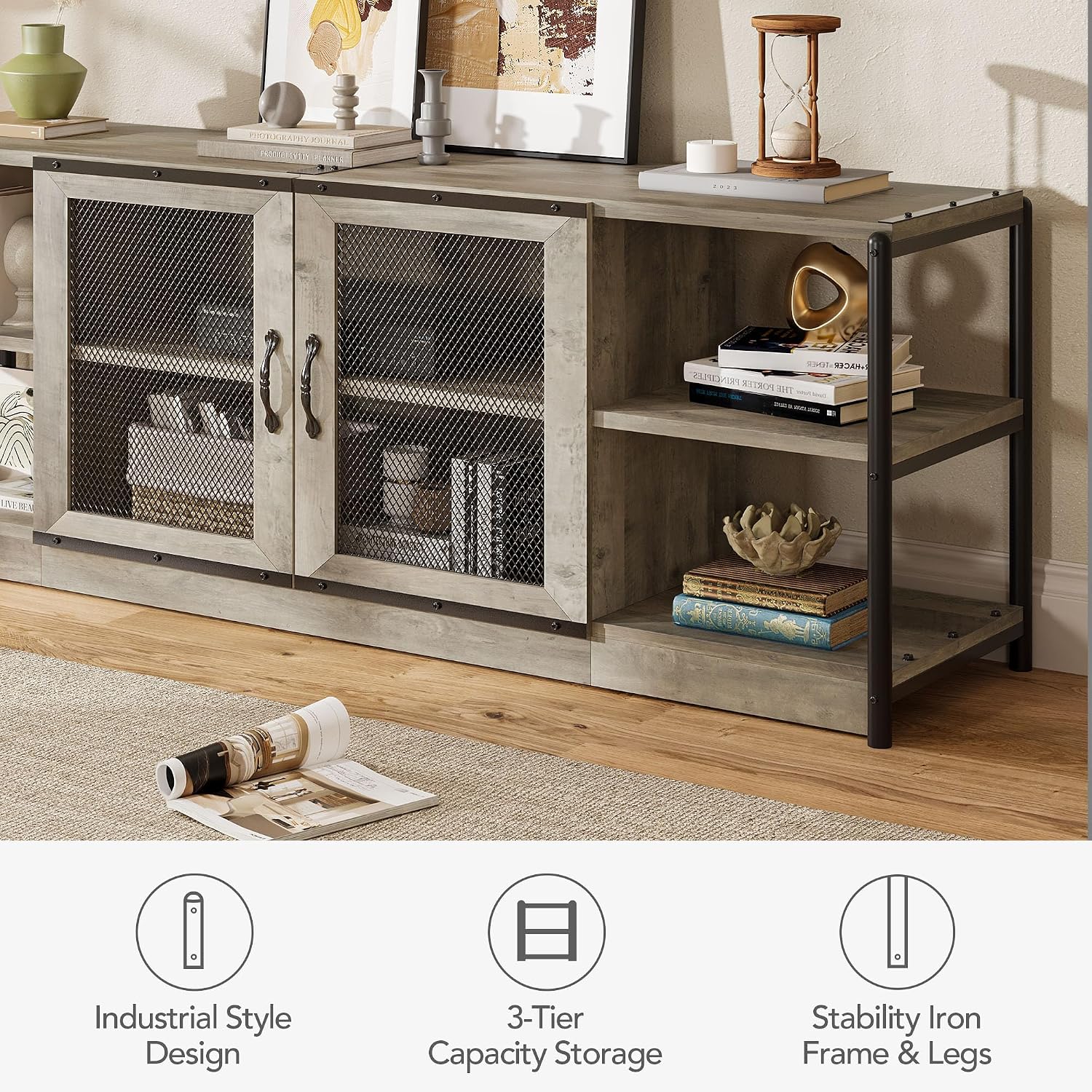 IDEALHOUSE Farmhouse TV Stand for 75/80 inches TVs, Entertainment Center with Storage Cabinet, Industrial Media Console Cabinet Table, Living Room Media Furniture, Grey