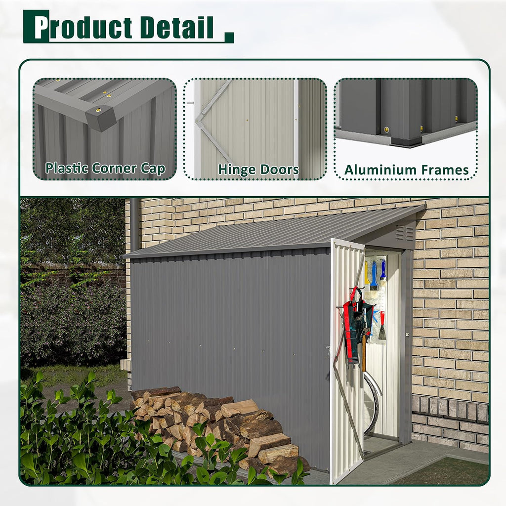 YOPTO 4×8 FT Lean to Metal Shed,Outdoor Heavy-Duty Storage Shed with Floor Base,All Weather Waterproof Garden Tool House W/Lockable Door&2 Air Vents,Reversible Door Design,for Backyard,Patio,Lawn,Gray