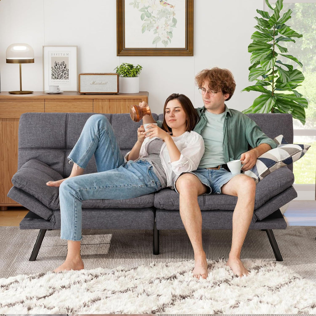 MUUEGM Futon Sofa Bed, 71' Comfortable Memory Foam Futon Sofa with Adjustable Backrest & Armrests, Convertible Loveseat Recliner Sleeper Sofa Bed for Compact Living Room, Apartment, Office, Grey