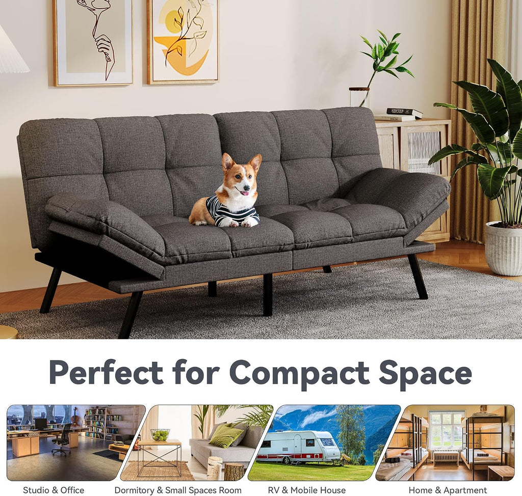 Convertible Futon Sofa Bed,Linen Futon Couch with Detachable Cushion,Adjustable Backrest & Armrest,Modern Small Loveseat Sleeper Recliner for Living Room,Office,Apartment,Dark Grey