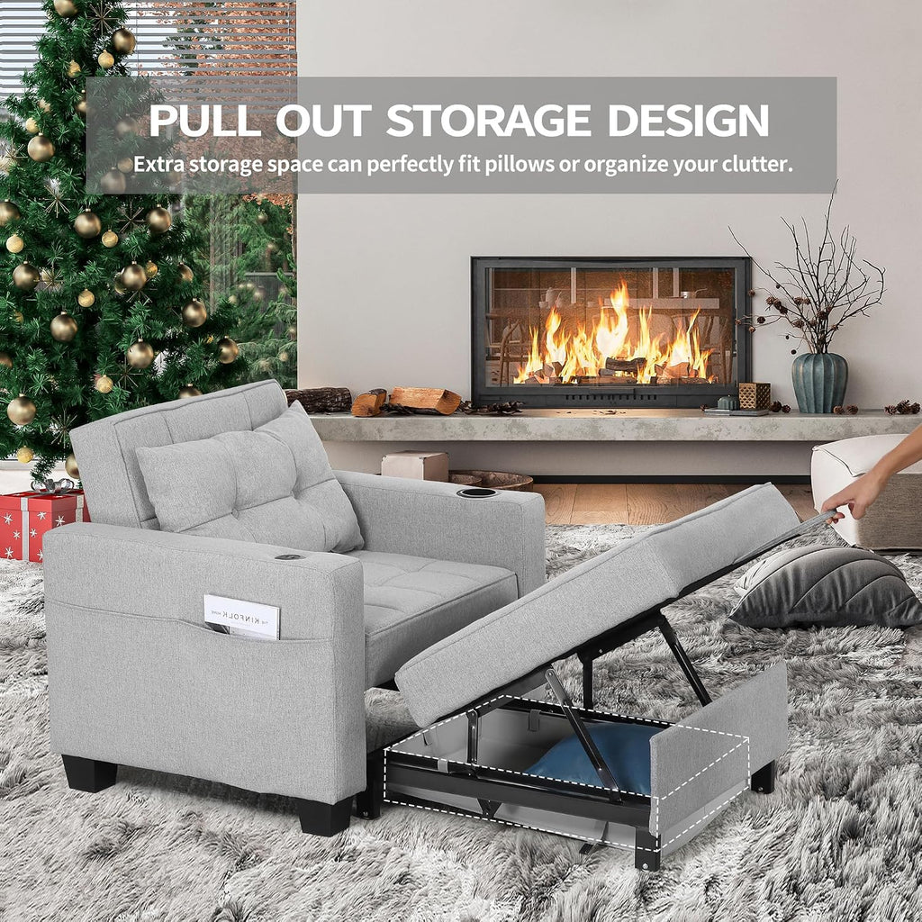 DURASPACE 36.6' Futon Chair Bed Convertible Chair 3-in-1 Pull Out Sleeper Reading Chair Beds with USB, Armchair Sleeper Bed for Living Room, Dorm, Small Space (Light Gray Linen)