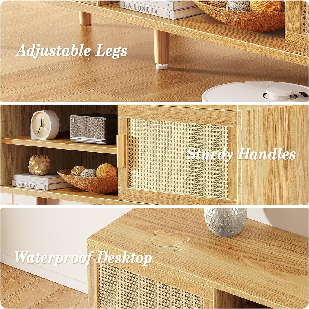 SUPERJARE Boho TV Stand for 75 Inch TV, Entertainment Center with Adjustable Shelf, Rattan TV Console with 2 Cabinets, Media Console, Solid Wood Feet, 4 Cord Holes, for Living Room - Natural