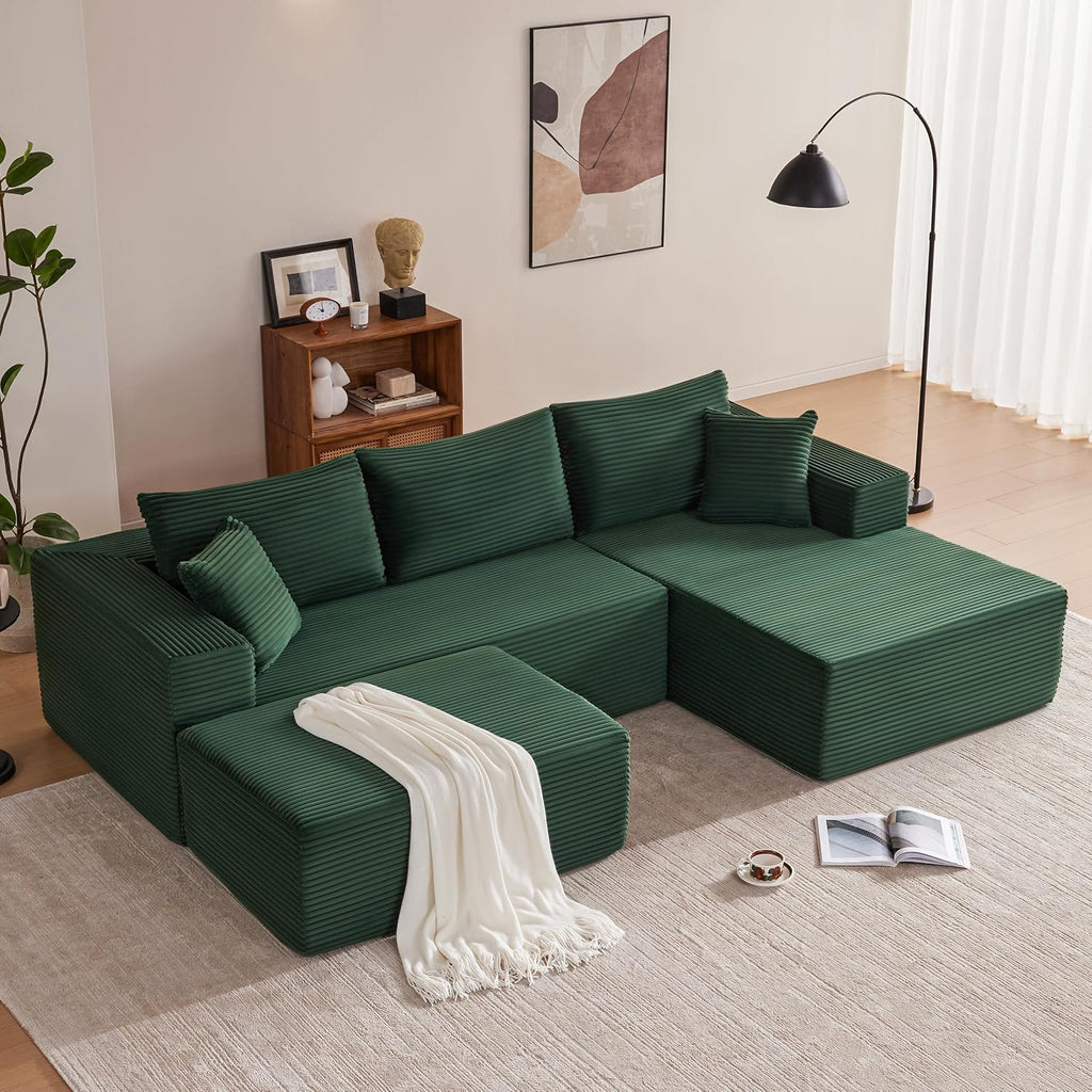 Mangodan 110' Cloud Sectional Couch, Boneless Sofa for Living Room, Modular Sectional Sofa with Deep Seat, Comfy Fluffy U-Shaped Couch with Right-Facing Chaise, No Assembly Required, Green