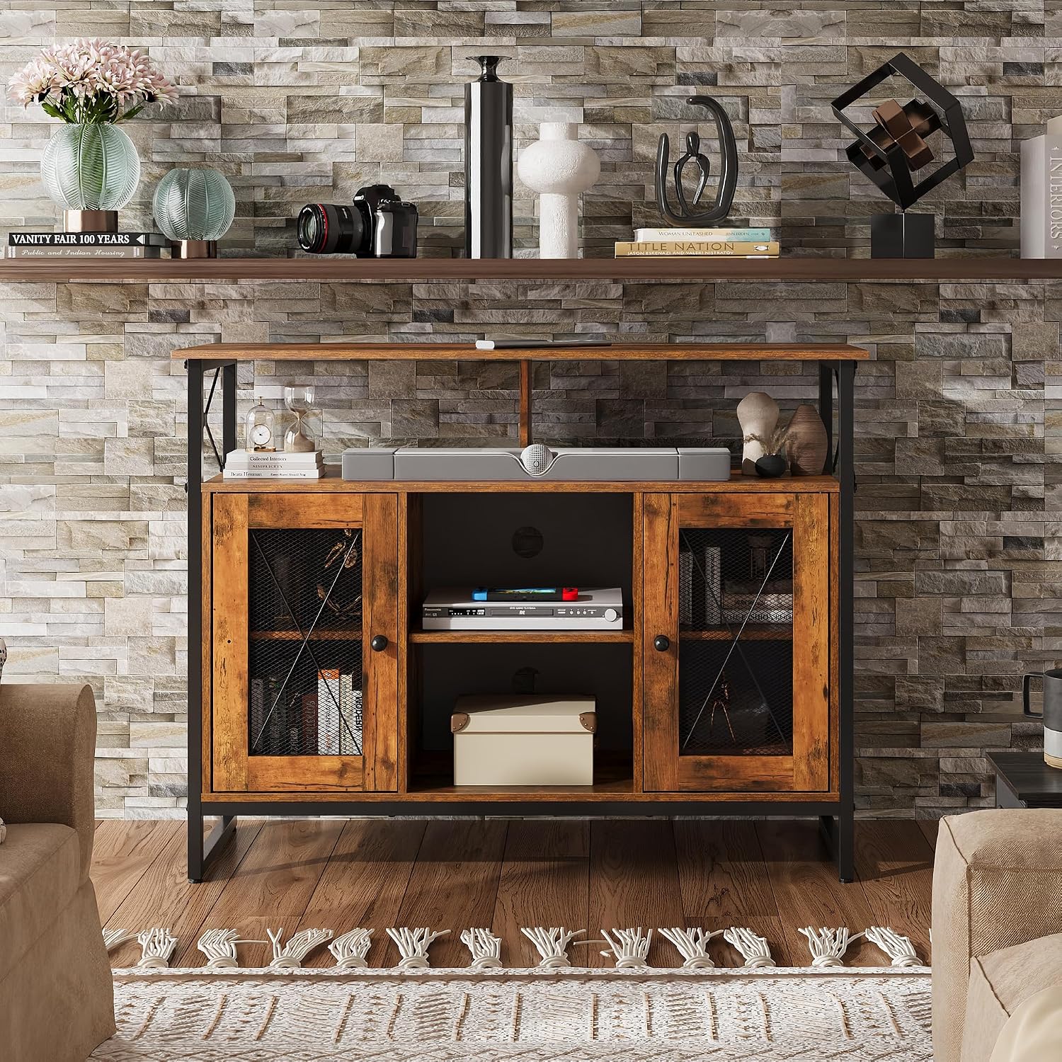 WLIVE TV Stand for 43 Inch TV, Small Entertainment Center with Storage Cabinet & Adjustable Shelves, Farmhouse Industrial TV Stands for Living Room and Bedroom, 32' TV Console, Rustic Brown