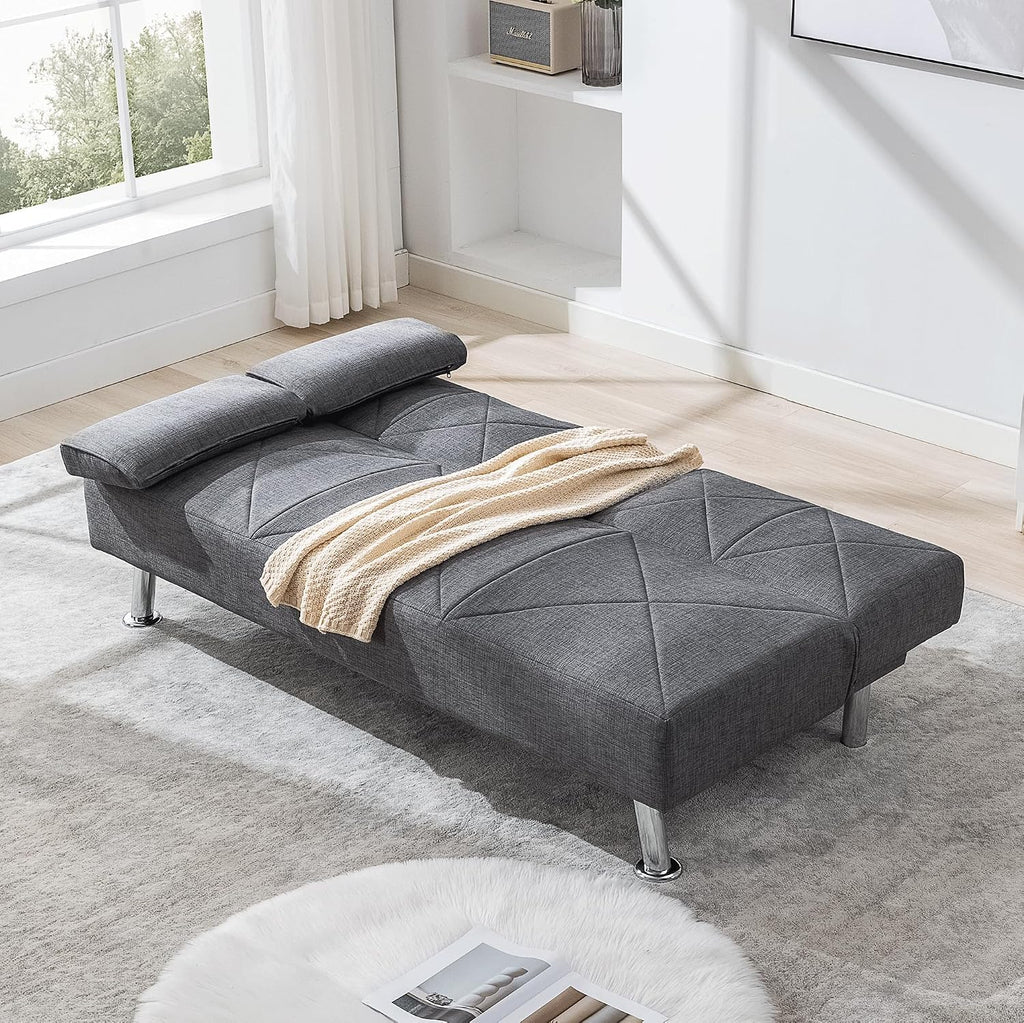 VECELO Modern Convertible Folding Futon Sofa Bed with Removable Armrests Breathable Linen Recliner Couch for Living Room/Apartment Lounge, 2 Cup Holders