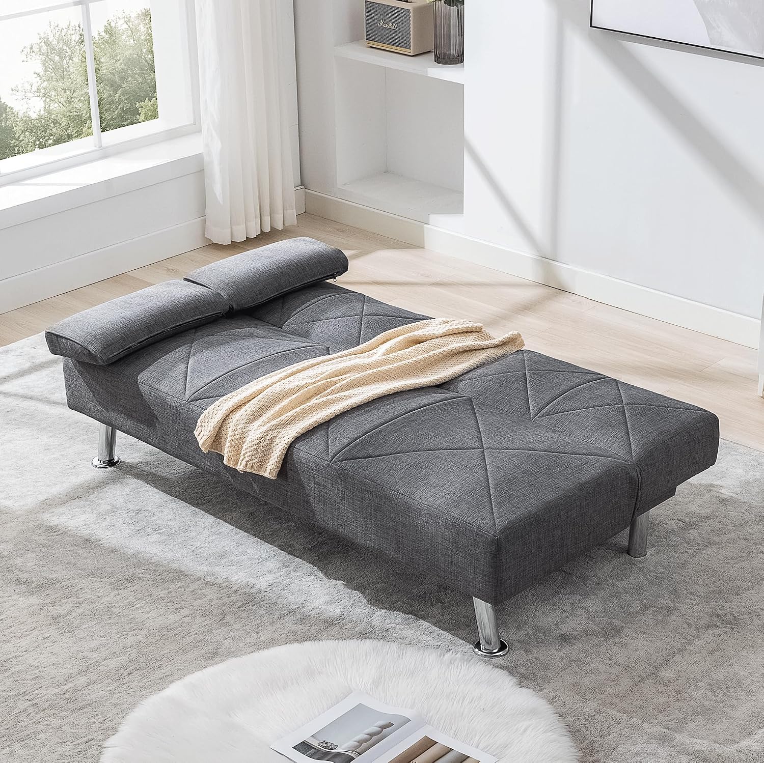 VECELO Modern Convertible Folding Futon Sofa Bed with Removable Armrests Breathable Linen Recliner Couch for Living Room/Apartment Lounge, 2 Cup Holders