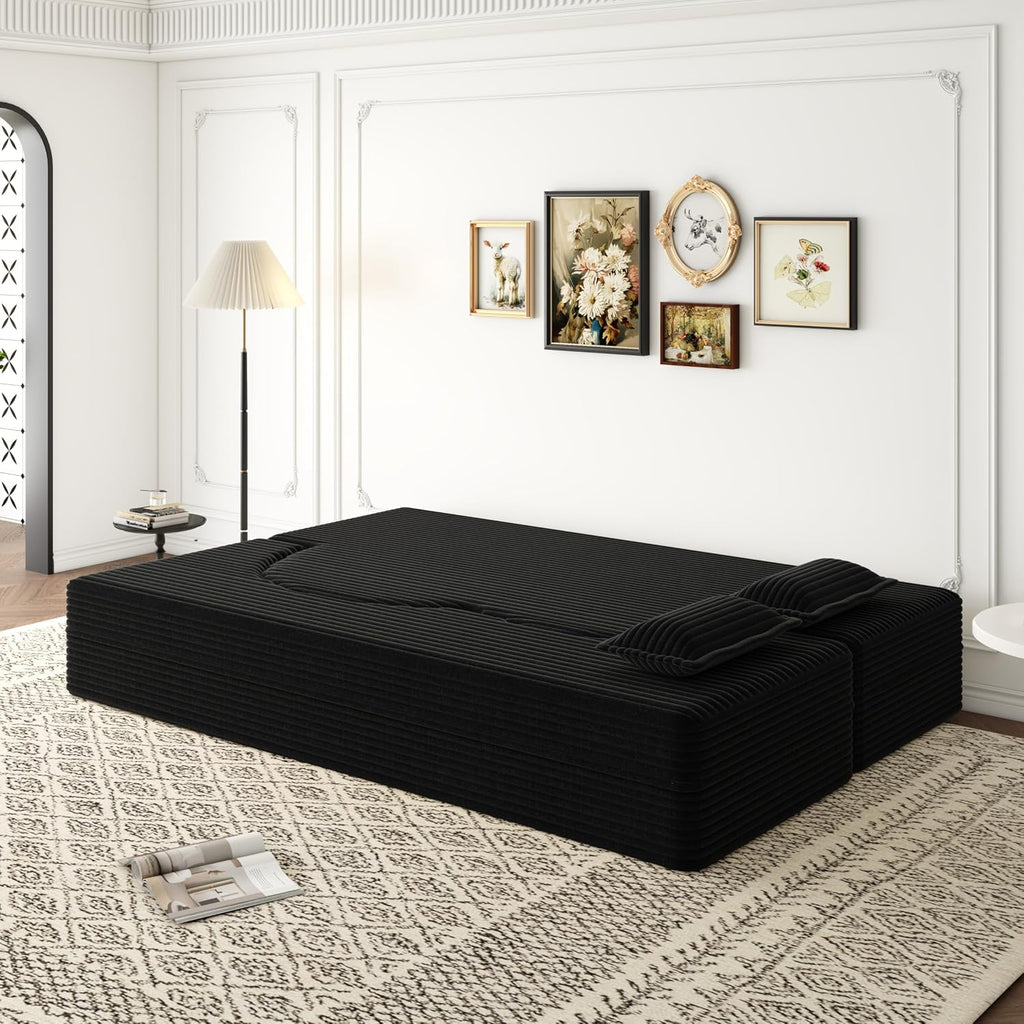 ALAMHI 78' Full Size Floor Sofa, Folding Queen Sleeper Couch, Futon Loveseat Sofa, Plush Corduroy Foam-Filled Sleeper Couch Bed, Fold Mattress Bed for Living Room, Guest Use, Office, Apartment, Black