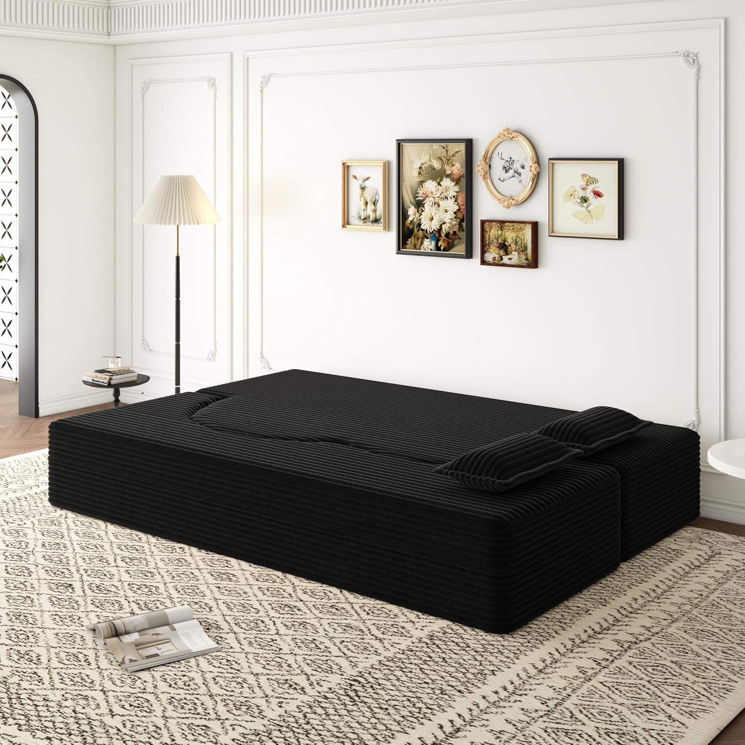 ALAMHI 78' Full Size Floor Sofa, Folding Queen Sleeper Couch, Futon Loveseat Sofa, Plush Corduroy Foam-Filled Sleeper Couch Bed, Fold Mattress Bed for Living Room, Guest Use, Office, Apartment, Black