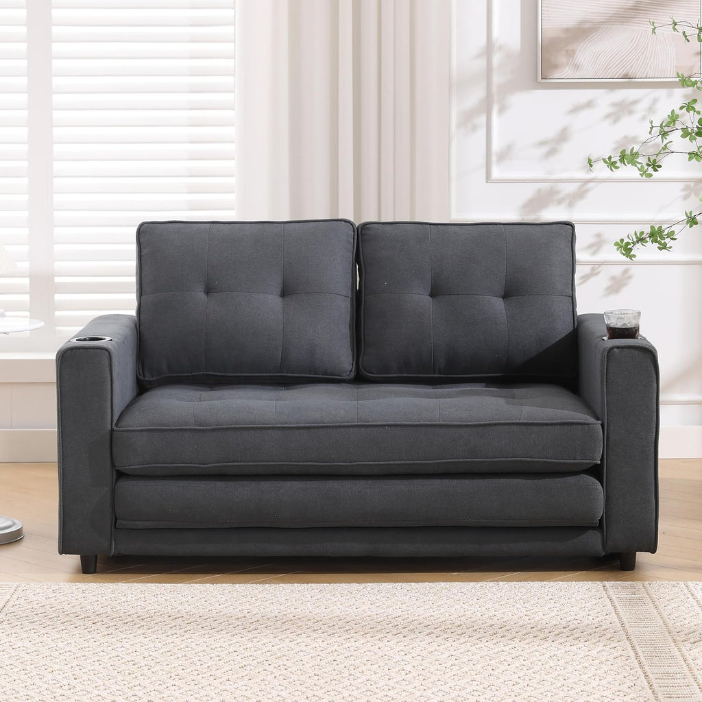Merax Futon Sofa Bed, 3 in 1 Convertible Loveseat Sleeper with Pull Out Bed, Foldable Tufted Sofa Bed Couch W/Cup Holder and Side Pockets, for Living Room, Bedroom, Office, Dark Gray