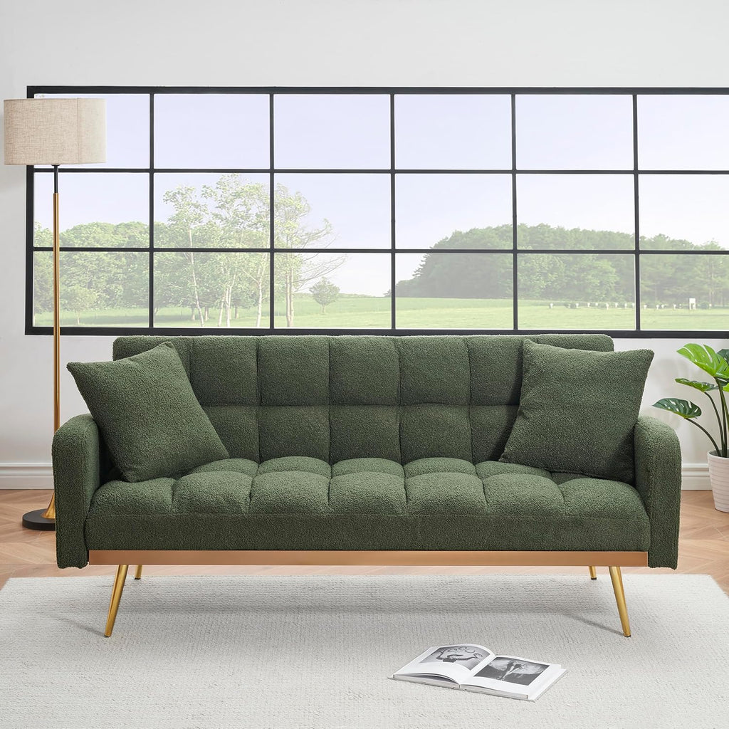 KEIKI 69' Folding Futon Sofa Couch w/Adjustable Backrest, Mid Century Modern Loveseat Convertible to Sleeper Bed, Small Comfy Teddy Cloud Couch SofaBed for Living Room & Bedroom, 2 Pillows, Green