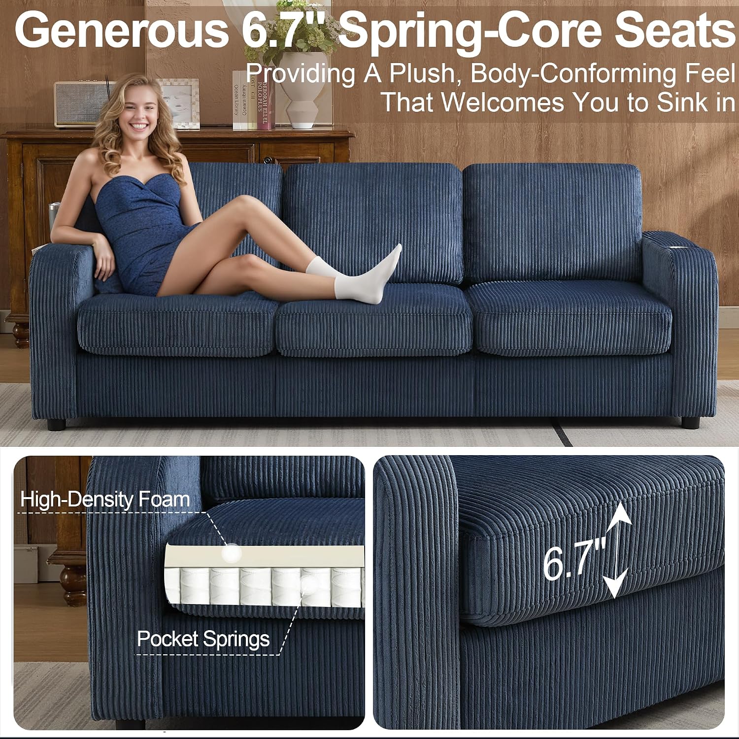 87.4' Oversize 3 Seater Couch, Upholstered Modern Sofa for Living Room, Comfy Deep Seat Loveseat Couch with Cup Holders,Corduroy Love Seat Sofa (Blue)