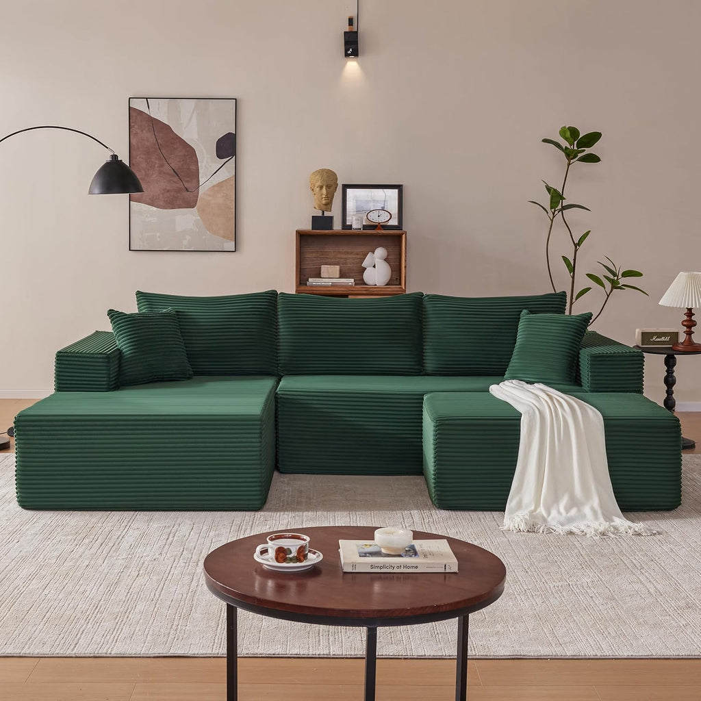 Mangodan 110' Cloud Sectional Couch, Modular Sectional Sofa with Deep Seat, Boneless Sofa for Living Room, Fluffy Comfy U-Shaped Couch with Left Facing Chaise, No Assembly Required, Green
