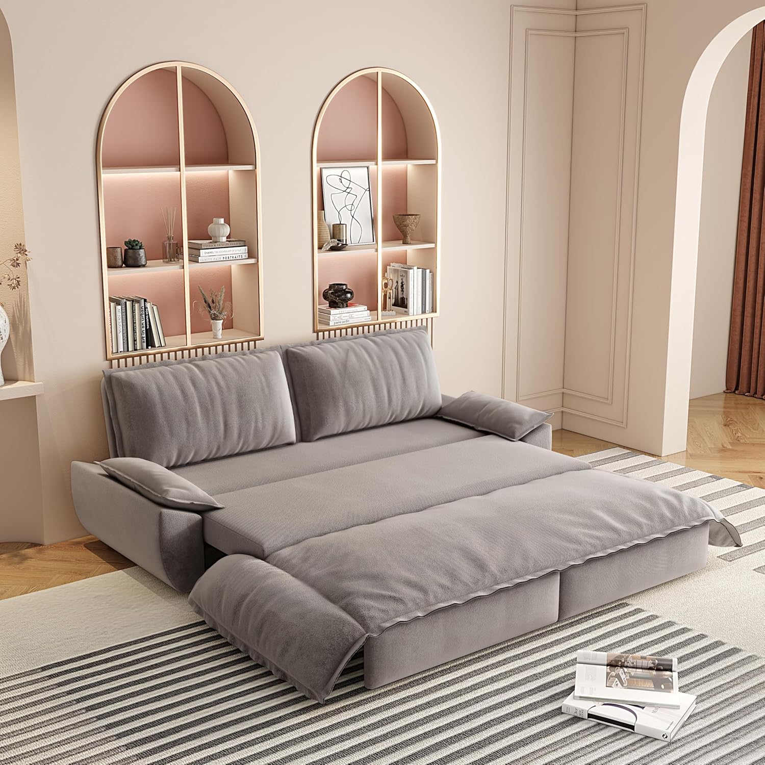 3 in 1 Convertible Queen Sleeper Sofa Bed Comfy Pull Out Futon Couch Bed 73.2' Modern Velvet Recliner Loveseat Sofa Multi-Functional Grey Cloud Couch for Living Room,Apartment,Office (Grey 73.2')