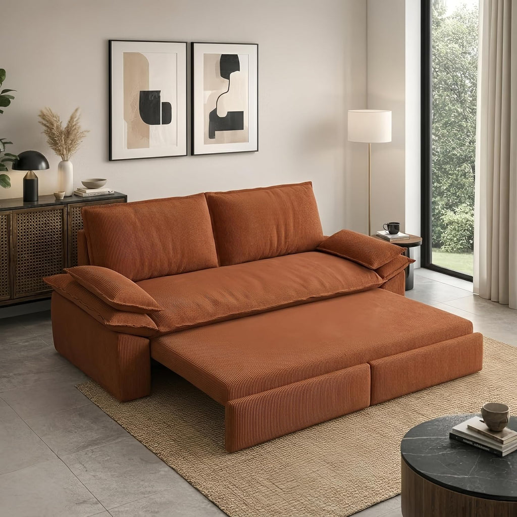 73.2' Sofa Bed Queen, 3-in-1 Pull Out Sofa Bed with Pillow Armrest, Modern Corduroy Convertible Sleeper Futon Sofa for Living Room Small Space, Apartment, Bedroom, Orange