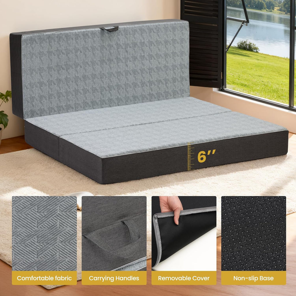 Tri Folding Mattress Full Size - 6 Inch Dual-Layer Memory Foam Foldable Mattress Portable Futon Sofa Bed with Removable Washable Cover, Handle & Non-Slip Bottom for Guest, Camping, RV, Yoga, Home Use