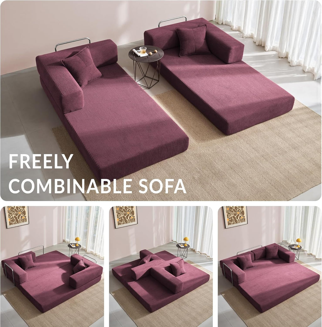 YINIX Sofa Bed, 62'' Folding Floor Couch, Compressed Convertable Sleeper Sofa, Memory Foam Couch with Pillow Back Support Armrest, 4-in-1 Futon Sofa Bed for Living Room, Burgundy