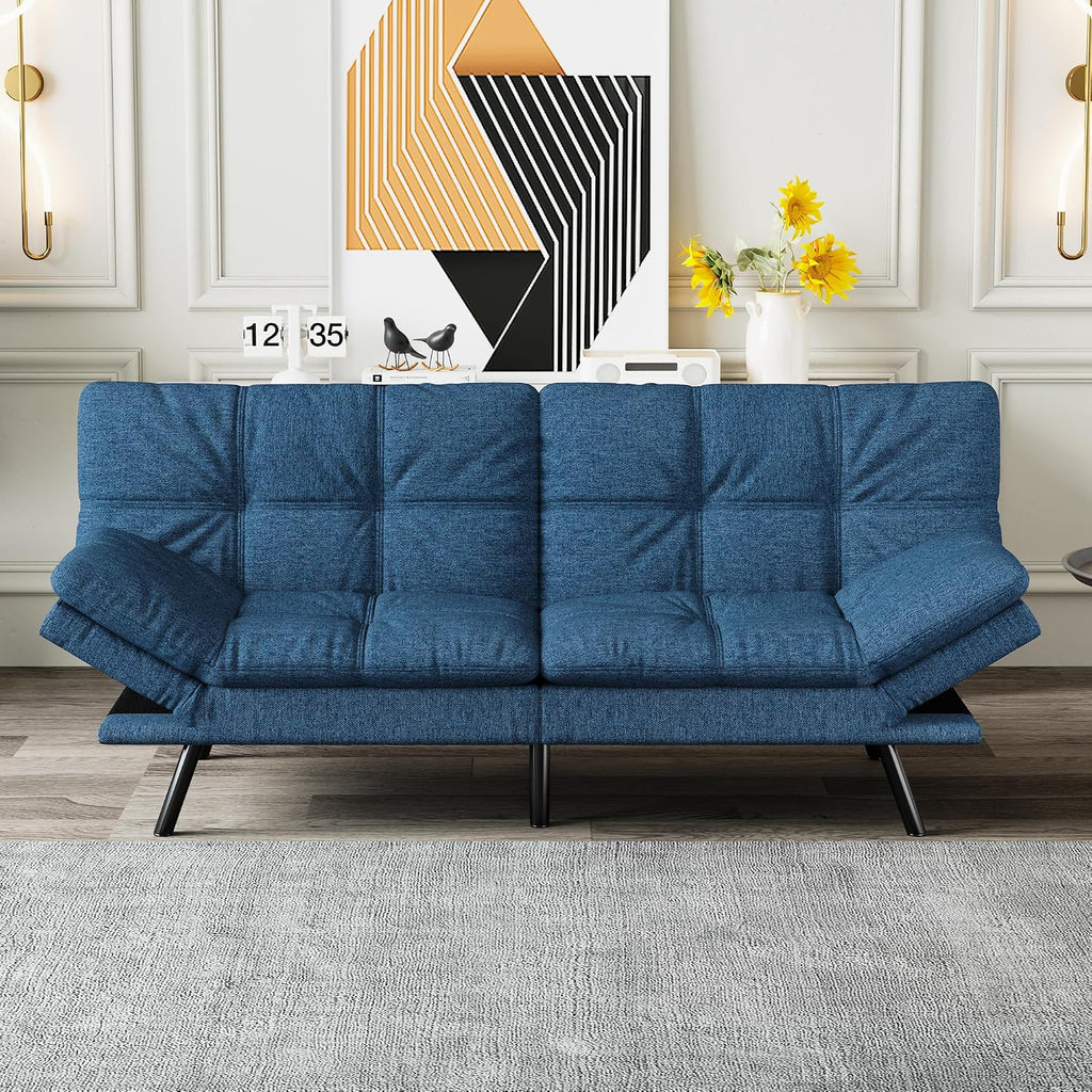 Futon Sofa Bed Convertible Couch, Blue Linen Sofa Bed with Memory Foam, Adjustable Backrest & Armrests, Multifunctional Small Loveseat Sleeper Sofa for Living Room, Apartment, Office