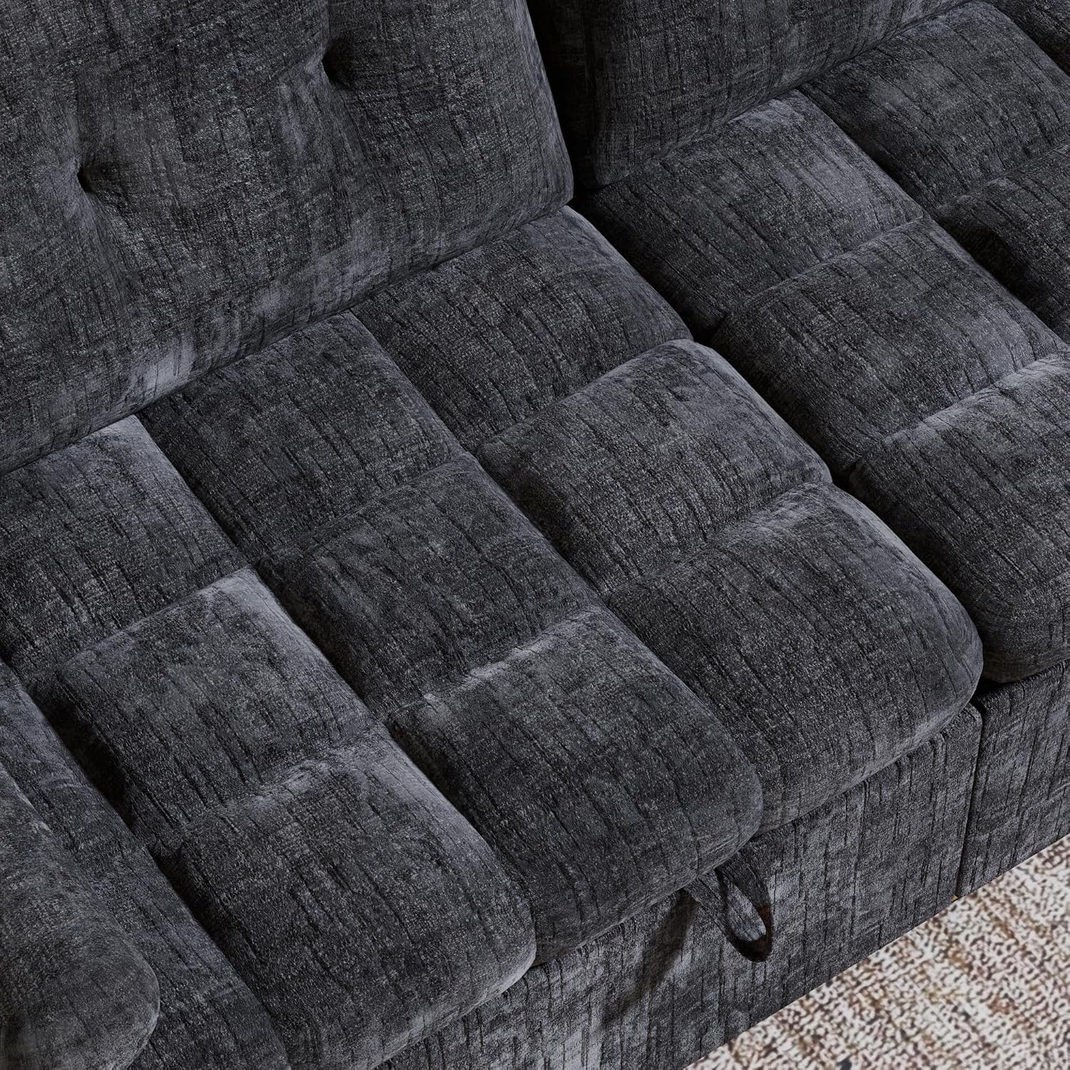 Convertible Sleeper Sofa Bed, 86 Inch Chenille Pull Out Couch with Side Table & Adjustable Backrest, Sectional Sleeper Sofa with Pull Out Bed for Living Room, Apartment, Black