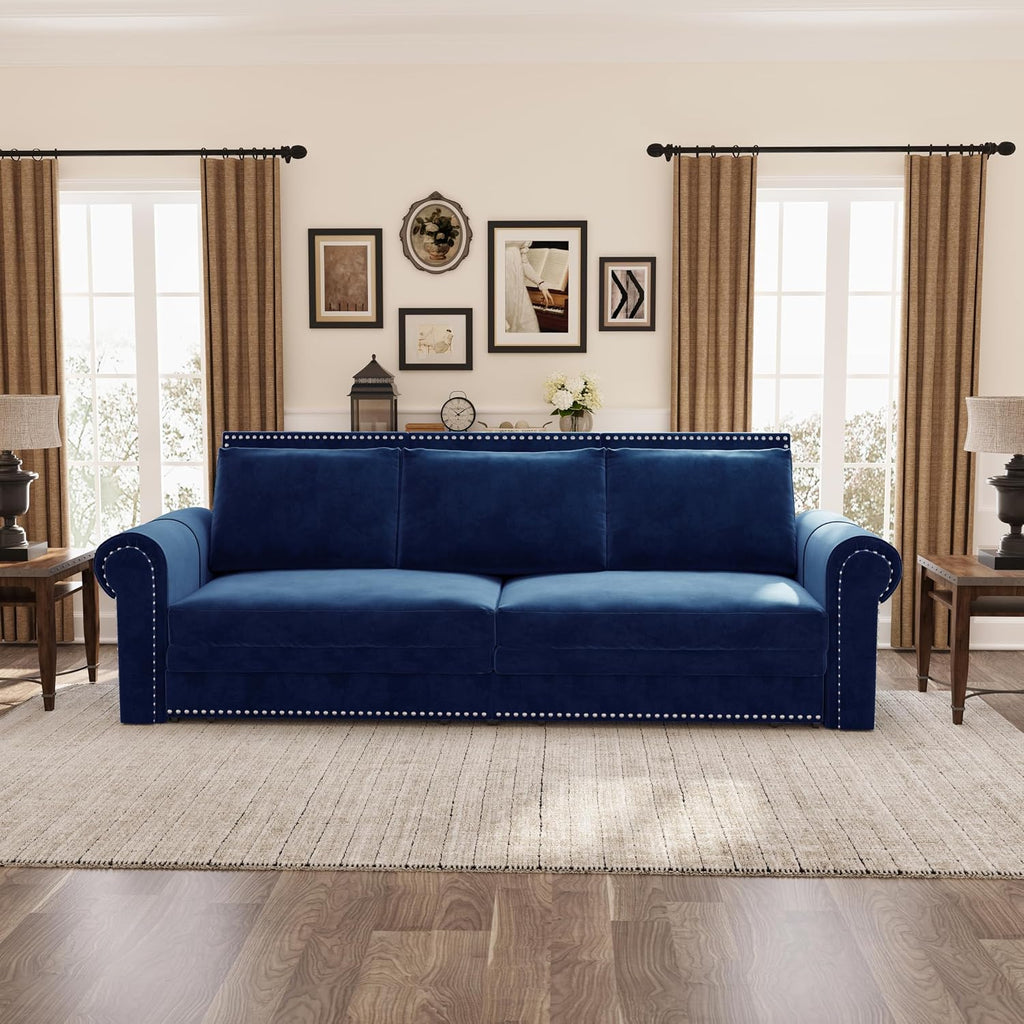 93.7' King Pull Out Sofa Bed, Velvet Sleeper Sofa Couch, 3 in 1 Convertible Futon Couches for Living Room, Small Space, Apartment, Office, Bedroom, Modern Rivet Armrest, Blue