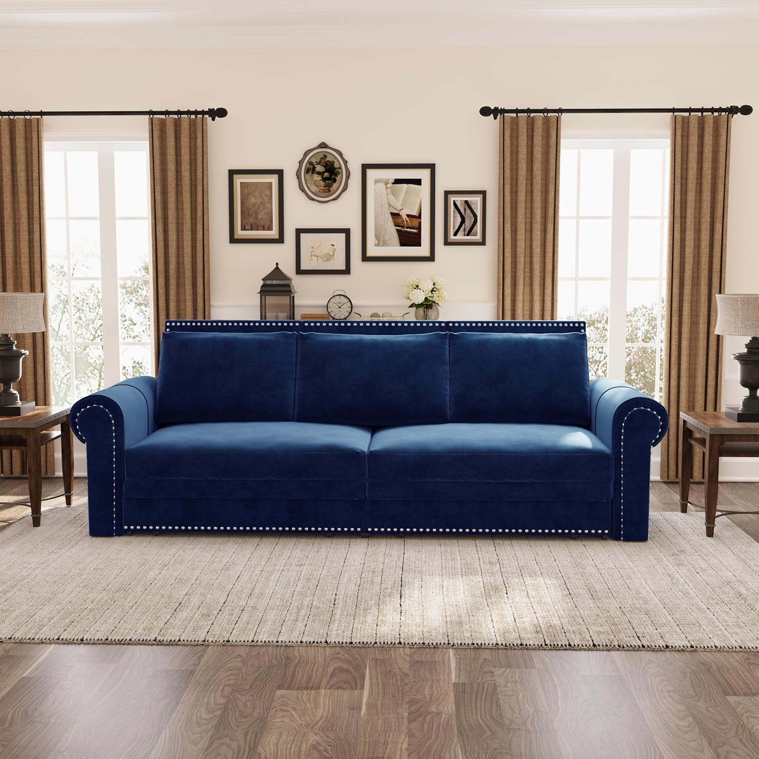 93.7' King Pull Out Sofa Bed, Velvet Sleeper Sofa Couch, 3 in 1 Convertible Futon Couches for Living Room, Small Space, Apartment, Office, Bedroom, Modern Rivet Armrest, Blue