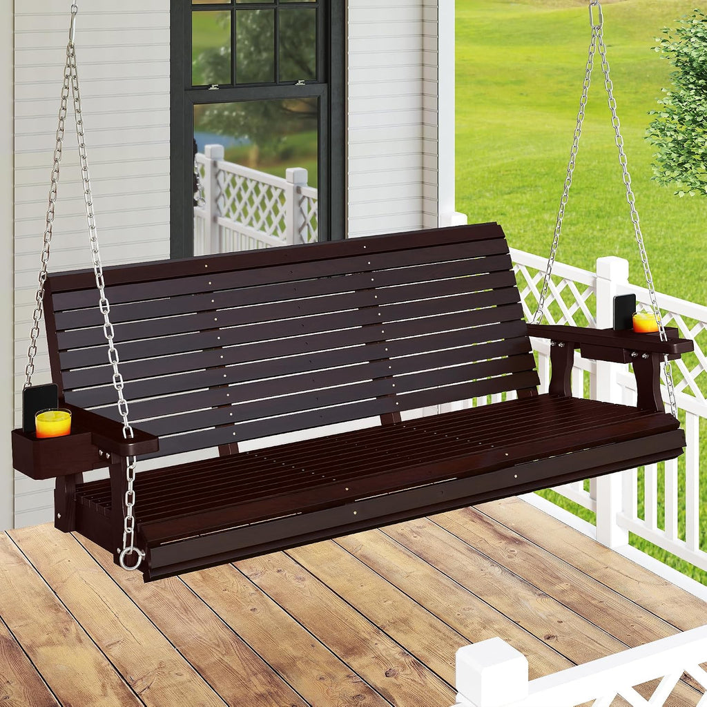 Real Relax Front Porch Swing, Wooden 3 Person Outdoor Hanging Patio Swing Chair with Cup Holders, Upgraded 22' Deep Seat Bench, Heavy Duty 880 Lbs for Courtyard, Garden, Backyard 5 Ft (Brown)