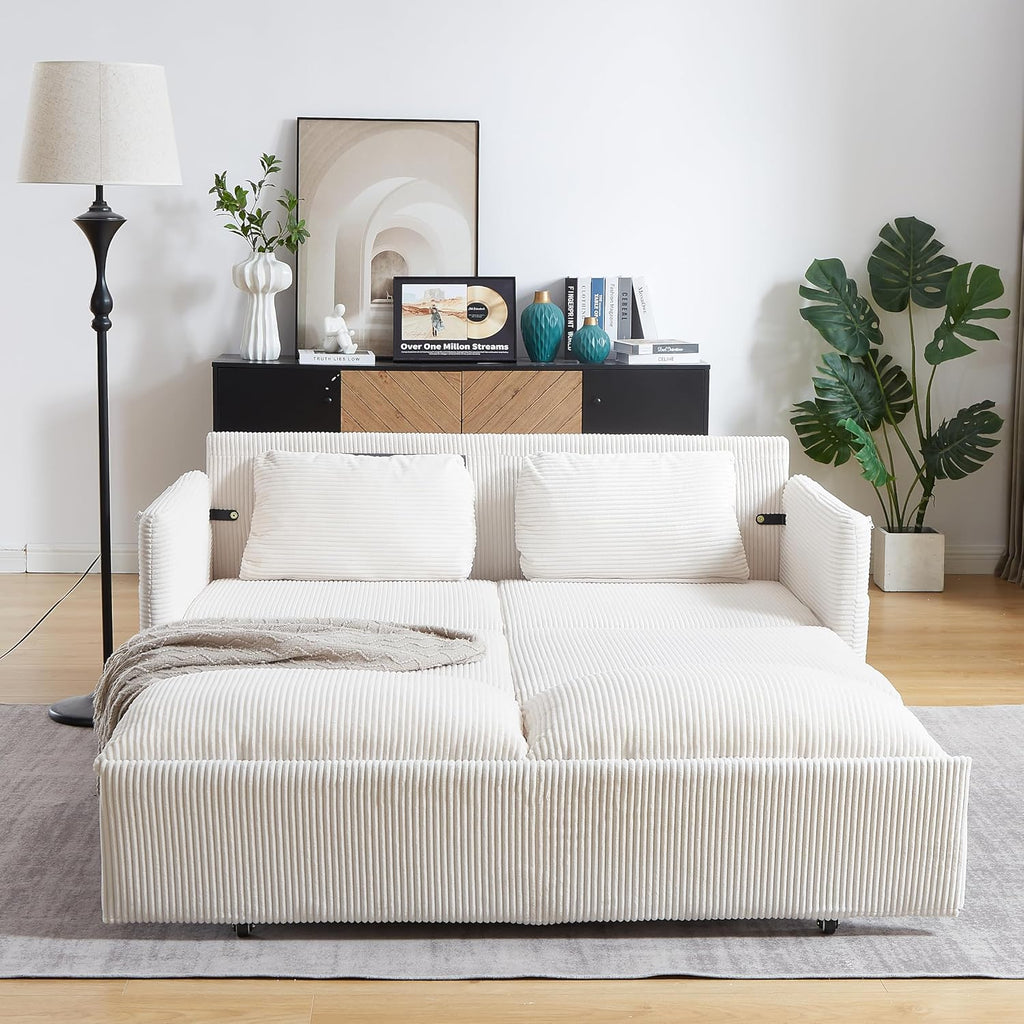 Eafurn 3 in 1 Convertible Pull Out Sleeper Sofa Couch Bed Queen Size, Corduroy Pullout Lounge Loveseat RV Sofa&Couches Sofabed with Soft Pillows Armrest,Side Pockers for Living Room Apartment