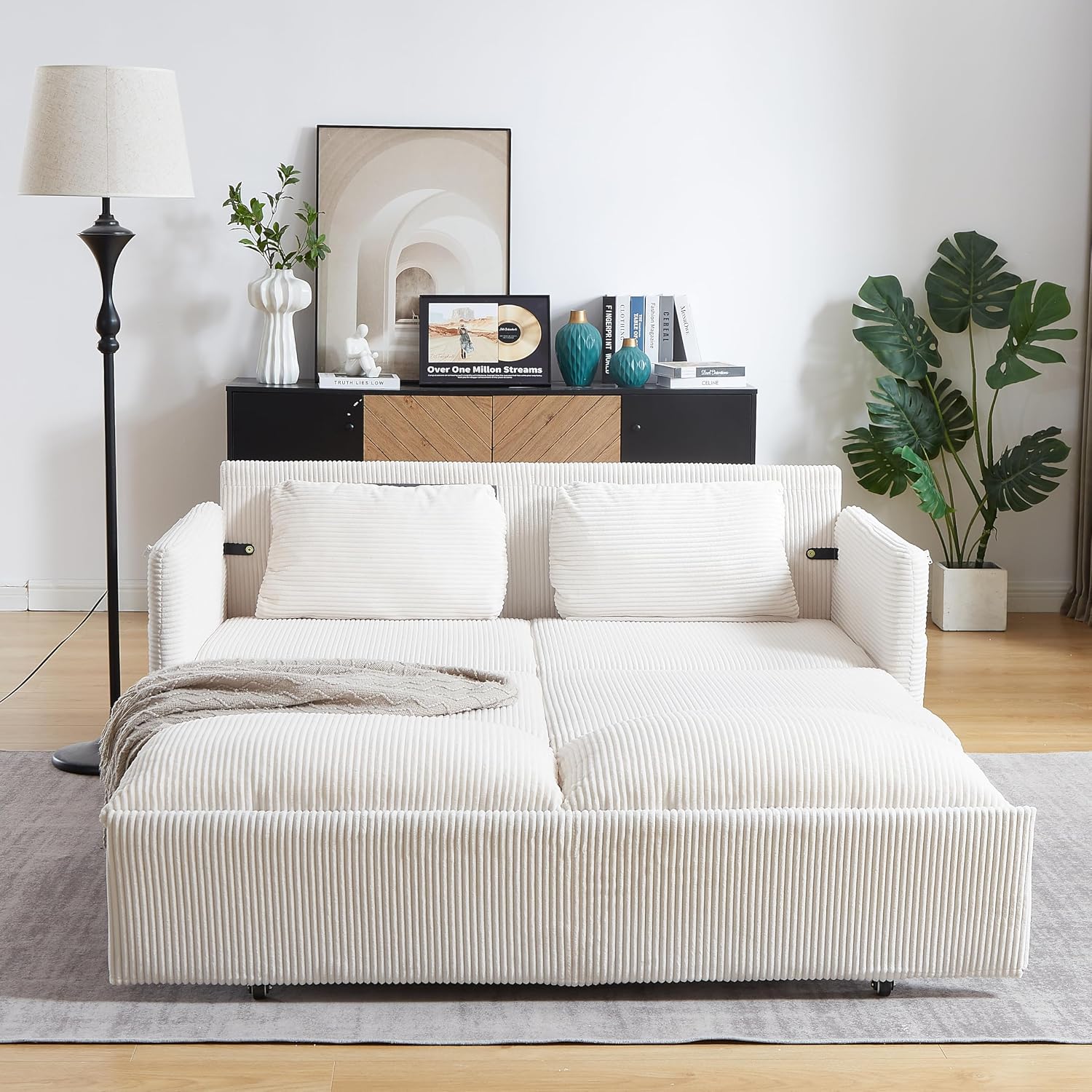 Eafurn 3 in 1 Convertible Pull Out Sleeper Sofa Couch Bed Queen Size, Corduroy Pullout Lounge Loveseat RV Sofa&Couches Sofabed with Soft Pillows Armrest,Side Pockers for Living Room Apartment