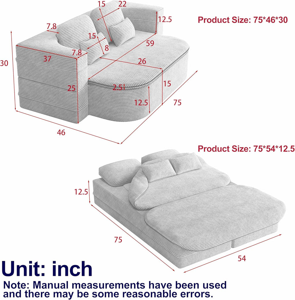 Convertible Folding Futon Sofa Bed, 2-in-1 Corduroy Love seat Sleeper Sofa with Functional Blanket, Foldable Full Size Guest Couch Bed with 4 Soft Pillows for Living Room (Grey)