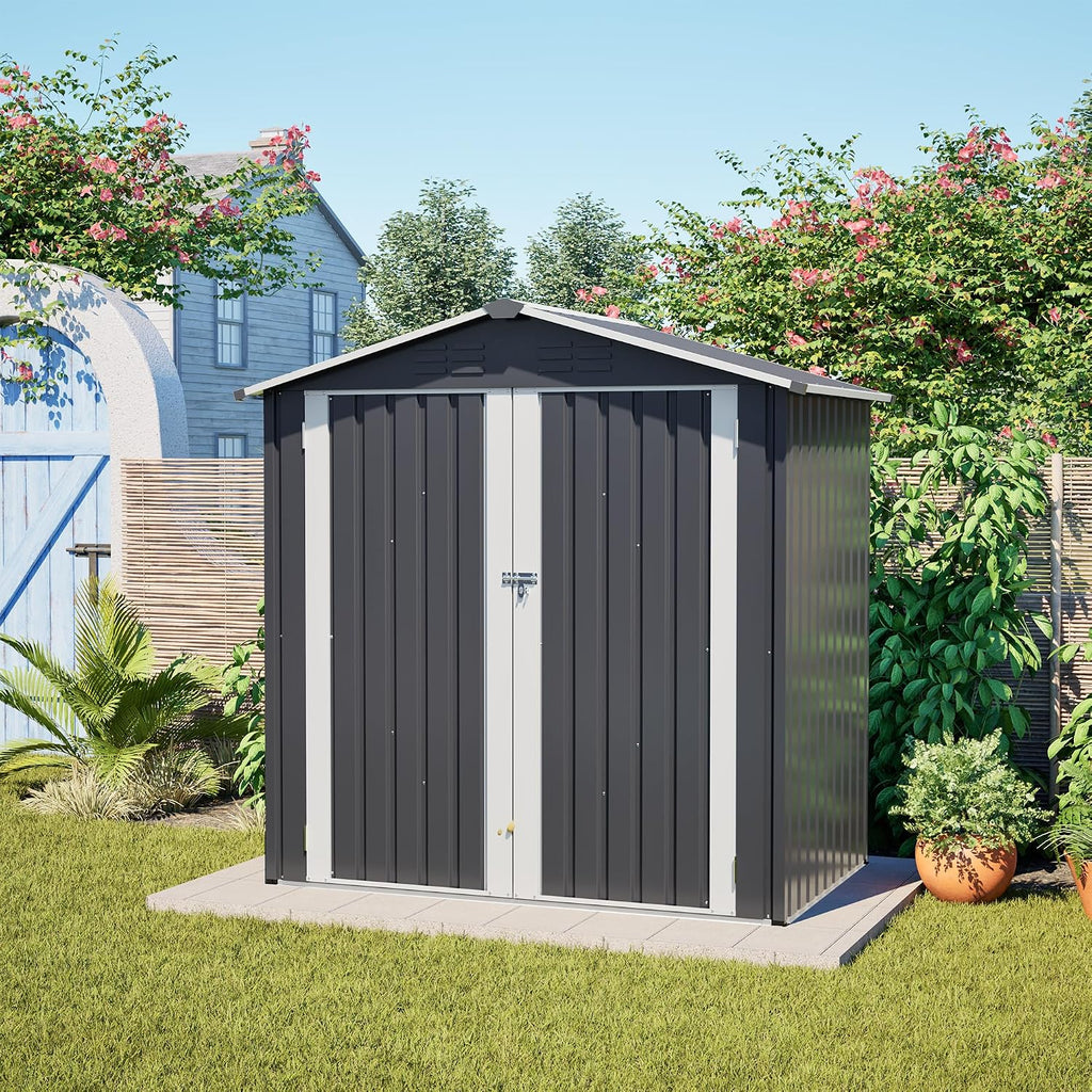 YOPTO 6 x 4 FT Outdoor Storage Shed with Floor Base & Lockable Hinge Door,Metal Garden Shed W/Sloped Roof,for Backyard Patio Lawn,Gray