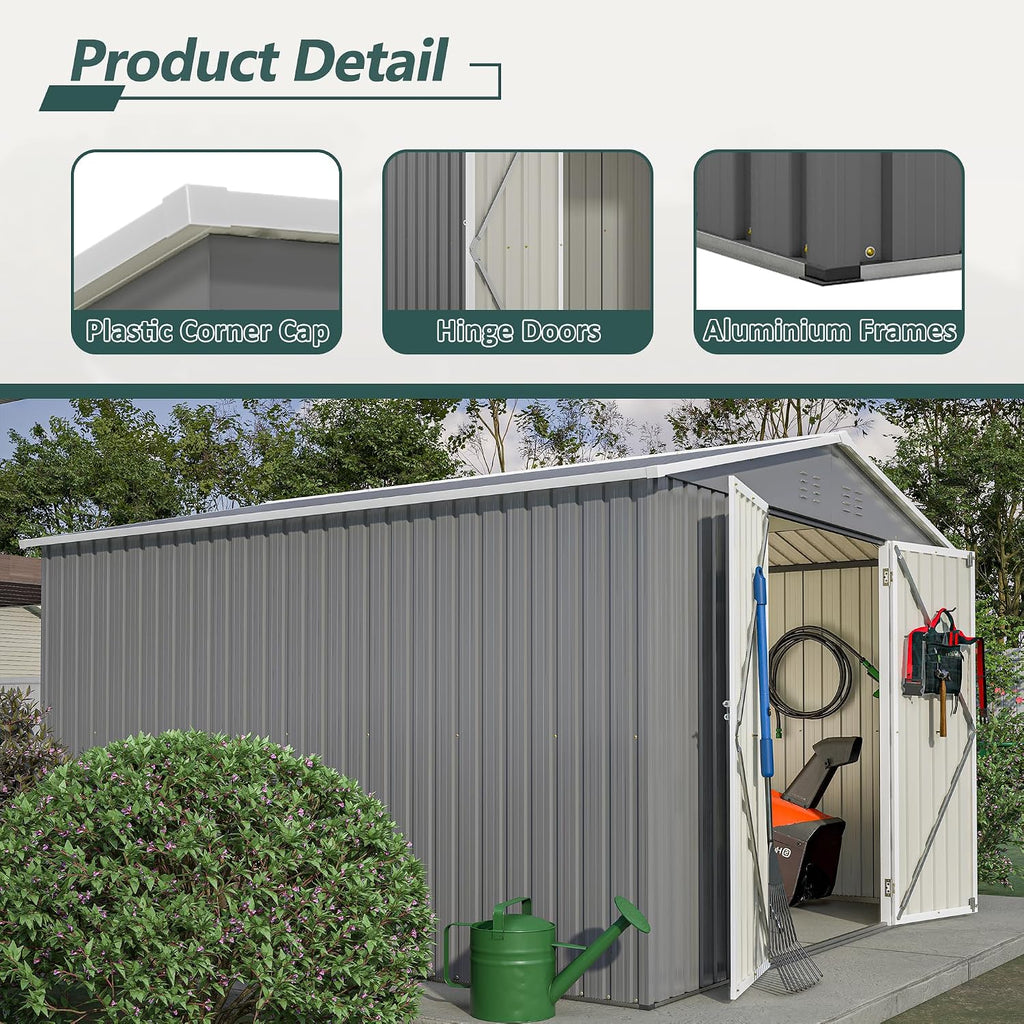 YOPTO 10X10 FT Outdoor Storage Shed,Metal Shed W/Lockable Doors,Air Vents & Sloped Roof,Garden Tool House W/Updated Frame Structure,for Backyard Patio Lawn,Gray