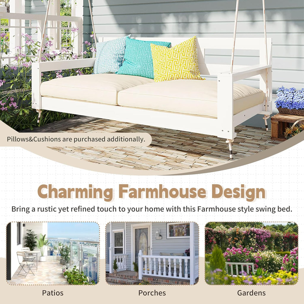 Harper & Bright Designs Patio Wooden Twin Size Porch Swing Daybed Frame, Garden Swing Bench Chair with 4 Hanging Ropes for Backyard,Outdoor,White