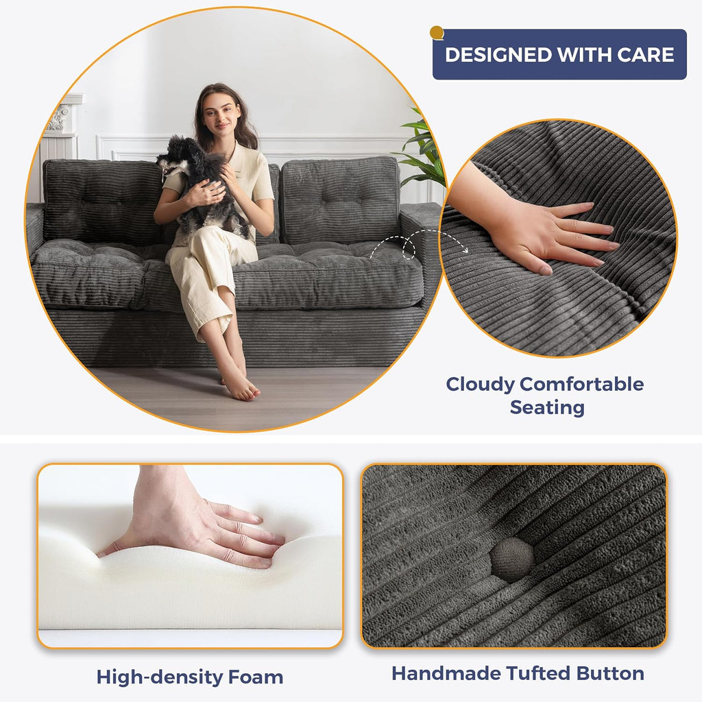 MAXYOYO 3 Seater Couch for Living Room, Boneless Couch with Tufted Cushion & Backrest, Upholstered Floor Sofa, Sofa in A Box, Dark Grey
